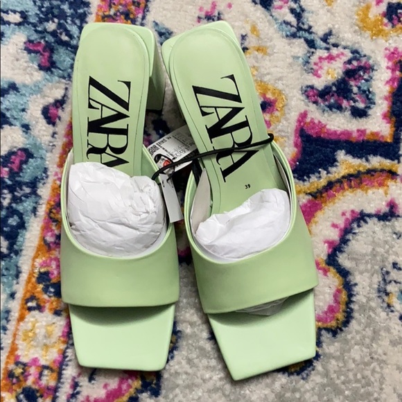 Zara leather green square toe slip on sandal - Picture 2 of 16